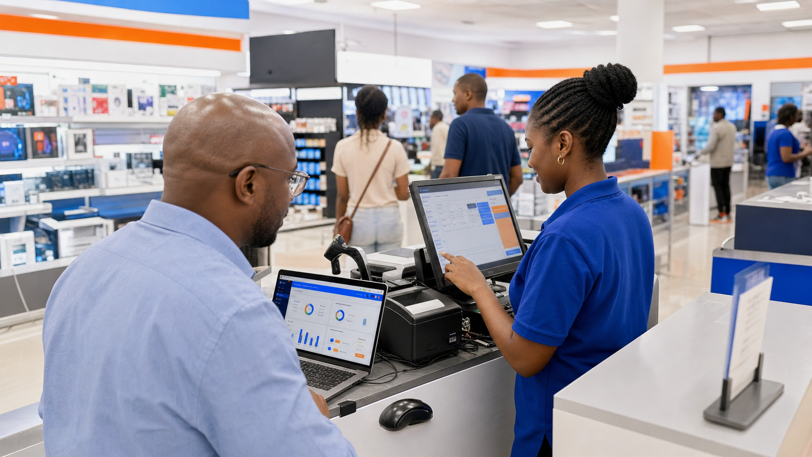 Store operator using POS with fiscal operations support visible on a screen